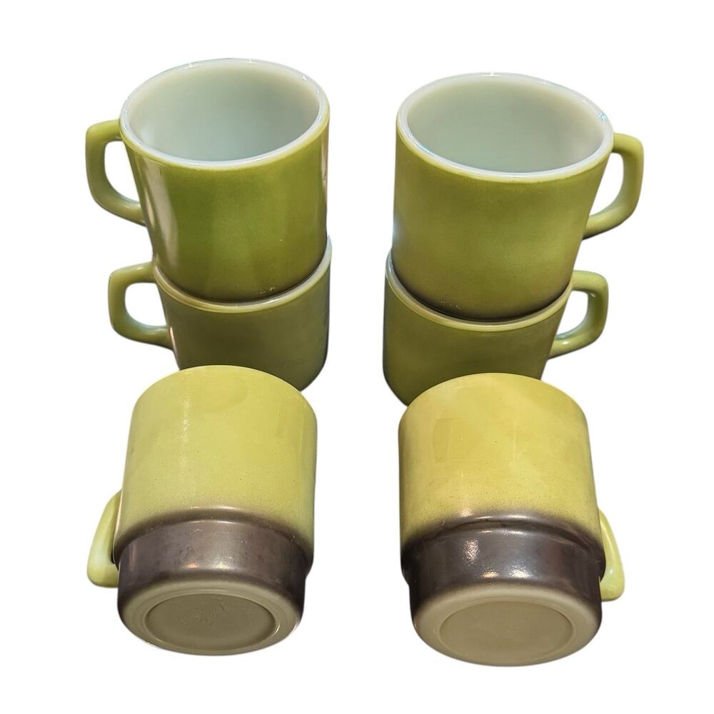 6 Vtg Fire King Avocado Green Black Bottom Anchor Hocking Stacking Coffee Mugs